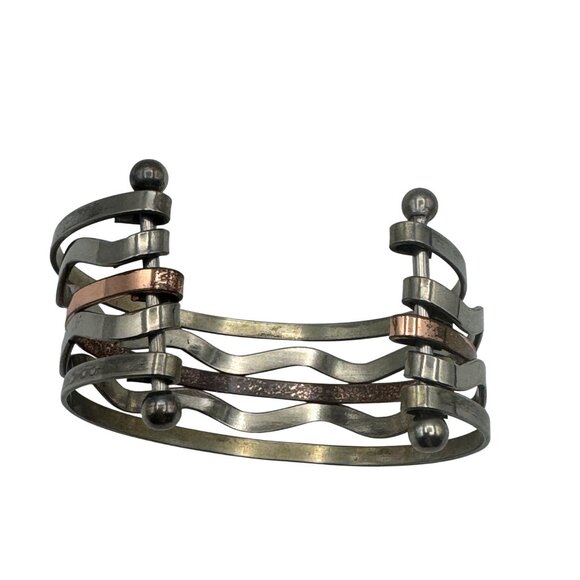 Silver Copper Cuff Bracelet Mixed Metal Open Band Wavy Design Adjustable - Picture 3 of 7